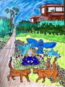 painting: Meditation with Hovering Birds and Floating Cats